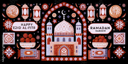 A festive illustration depicting a mosque and decorations for eid al fitr