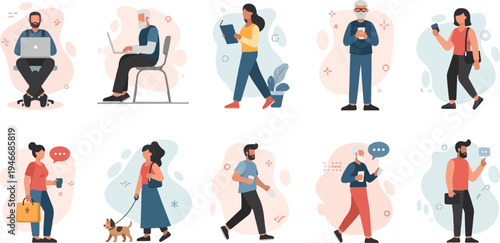 Diverse people engaged in modern activities with technology and pets