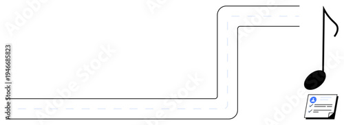 Curved road leading to a musical note with sheet music, signifying a journey toward creativity and expression. Ideal for music, creativity, learning, direction, journey, art inspiration. Abstract