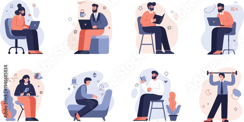 Diverse people engaged in various productive activities and leisure pursuits