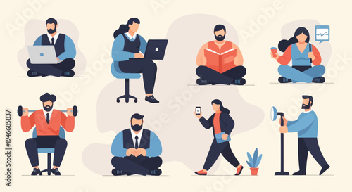 Diverse individuals engaged in various modern activities, showcasing lifestyle diversity