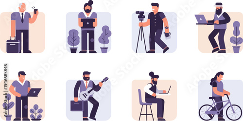 Diverse individuals engaged in various modern activities, including work, hobbies, and leisure