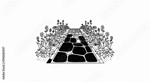 A winding stone path leads through a garden filled with plants and flowers