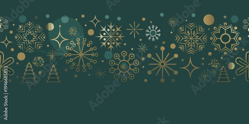 Elegant seamless pattern of golden and teal winter holiday elements