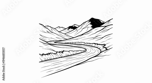 A winding river flows through a majestic mountain valley under a clear sky