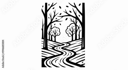 A winding path through a stylized forest with bare trees and falling leaves