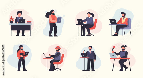 Diverse people engaged in remote work and office tasks with laptops