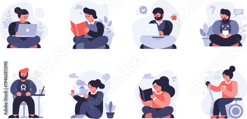 Diverse people engaged in remote work, reading, and relaxing activities