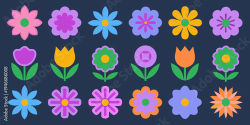 Colorful collection of stylized flowers arranged on a dark background