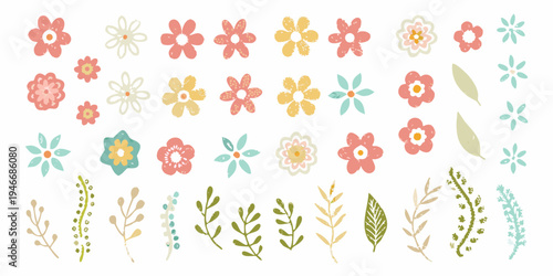 Colorful collection of hand drawn style floral arrangements and botanical elements