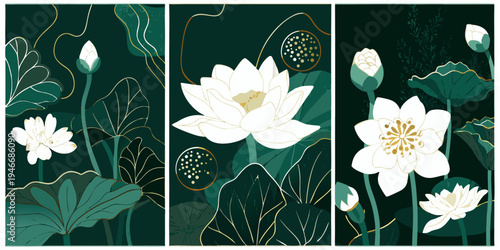 Elegant triptych featuring white lotus flowers and lush green foliage