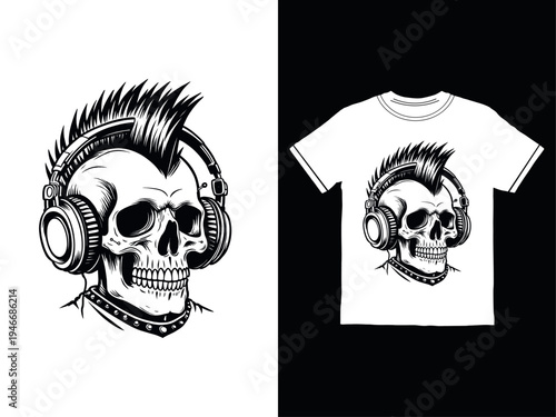 Punk rock skull design on t shirt and on its own