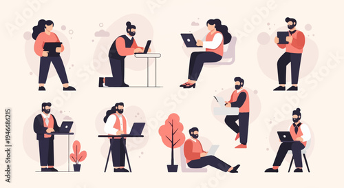 Diverse individuals engage in remote work and digital tasks in a flat, pixelated art style
