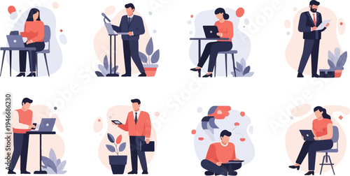 Diverse individuals engaged in various professional activities, working indoors