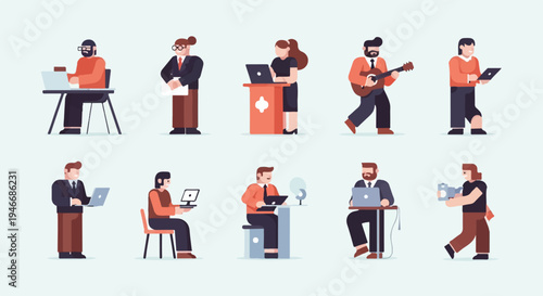 Diverse cartoon people engaged in various professional activities