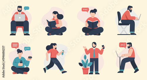 Diverse individuals engaged in various modern activities, from reading to using technology