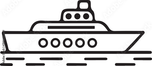 A black and white illustration of a large ship with multiple windows on its side and control room on top at sea