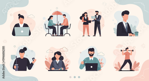 Diverse individuals engaged in work, meetings, and fitness activities (2)