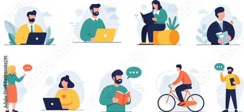 Diverse individuals engage in various activities like cycling, reading, and working on laptops