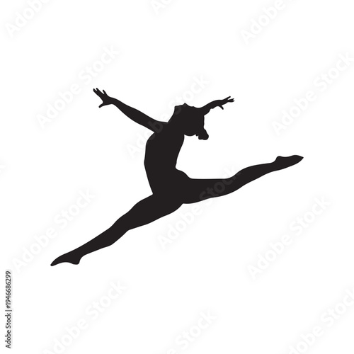 Graceful silhouette of a female dancer executing a perfect split leap jump against a white background