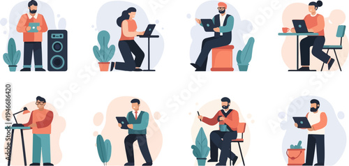 Diverse individuals engaged in various digital activities with plants and minimal decor