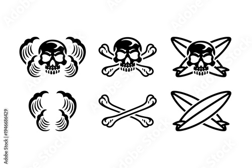 Skull with crossed bones modern logo design for adventure. Cranium with high waves retro badge logo design for outdoor. Skeleton head with crossed surfboards vintage patch element for lifestyle