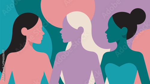 Three diverse women standing together in a colorful abstract background, symbolizing unity and friendship.