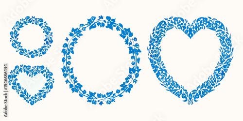 Four blue floral wreaths in circular and heart shapes