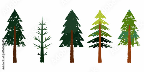 A collection of stylized evergreen trees in varying shades of green
