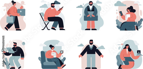 Diverse individuals engaged in various work-related activities using technology and documents