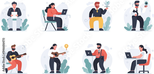 Diverse individuals engaged in various activities, from office work to creative pursuits