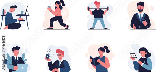 Diverse people engaged in work, fitness, and leisure activities