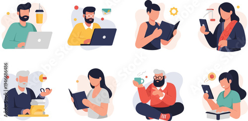 Diverse individuals engaged in various modern activities, including work, reading, and technology use