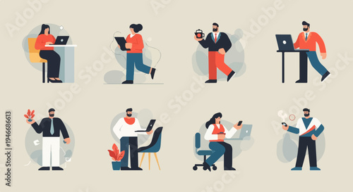 Diverse people in business attire using digital devices in a minimalist setting