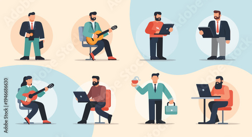 Diverse individuals engage in varied activities, showcasing hobbies and work