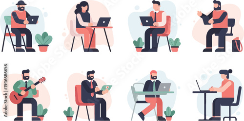 Diverse individuals engaged in various activities like working on laptops, playing guitar