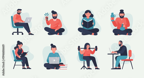 Diverse individuals engaged in various leisure activities and work at home