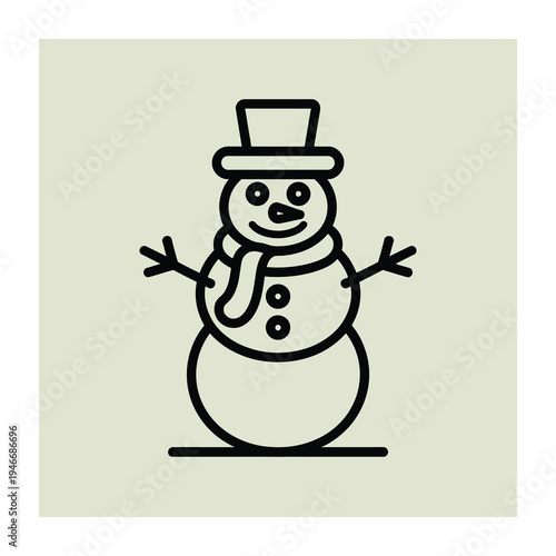 Joyful vector snowman with hat and scarf stands against a light background