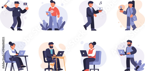 Diverse individuals engaged in various digital activities and tasks, some working