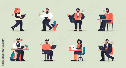 Diverse individuals engaged in office work and digital tasks