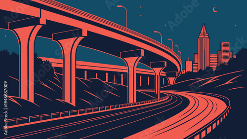 Urban highway overpass and city skyline at night featuring a minimalist vector illustration style with coral and navy blue duotone colors for background.