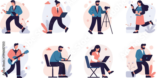 Diverse people engaged in various activities with laptops and other items