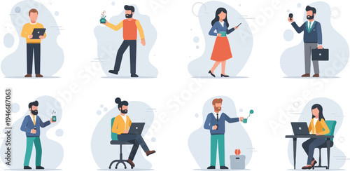 Diverse professionals engaged in daily tasks, working on laptops, and holding beverages