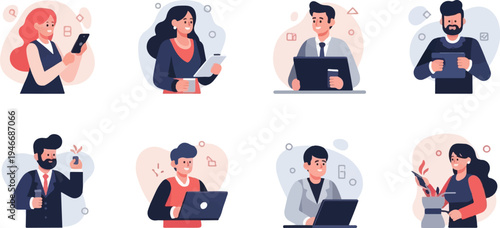 Diverse professionals engaged in various tasks, including using technology and preparing beverages