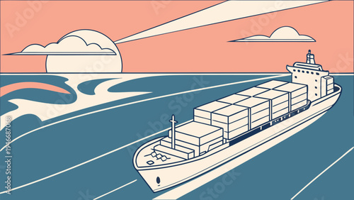 Minimalist flat vector illustration of a large container ship navigating the calm ocean at sunset representing global trade logistics and maritime transport