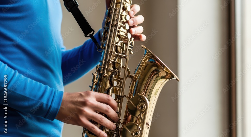 Naklejka premium Person playing a saxophone with hands on keys and body in blue shirt