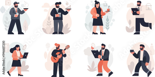 Diverse individuals engaged in various activities, including work, leisure, and service