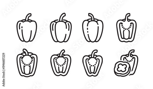 Bell Pepper Icons Line Art Whole and Halved Vegetable Vector Graphics