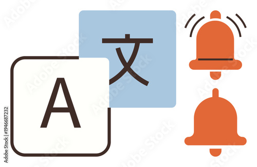 Language translation, communication, notifications, global interaction, linguistic services, digital tools. Symbols of text in different languages and notification bells. Language translation