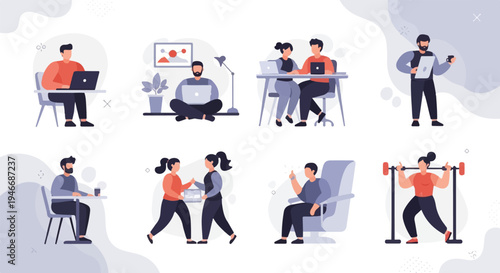 Diverse individuals engage in work, fitness, and leisure activities in abstract settings